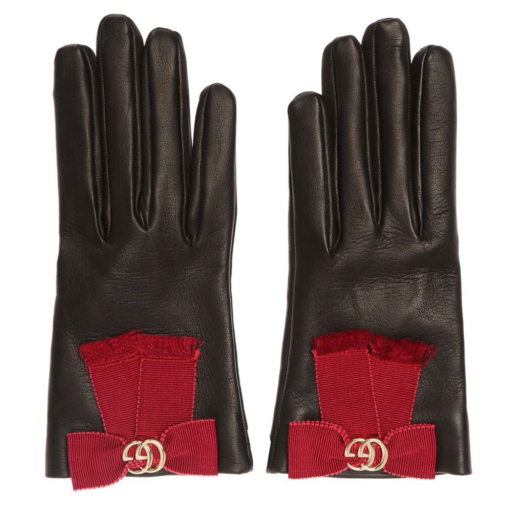 GUCCI GLOVES 434223 BLACK LEATHER GROSGRAIN BOW G LOGO sz S / 7 - Picture 2 of 16